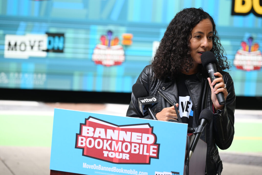 MoveOn Political Action Executive Director, Rahna Epting, speaks at the Banned Bookmobile launch at Printers Row Park by Sandmeyer's bookstore in Chicago, Illinois.