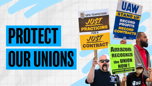 Signs read, "UPS Teamsters: Just Practicing for a Just Contract; Amazon: Recognize the Union Now; and UAW Stand Up Record Profits Record Contracts" Credit: MoveOn