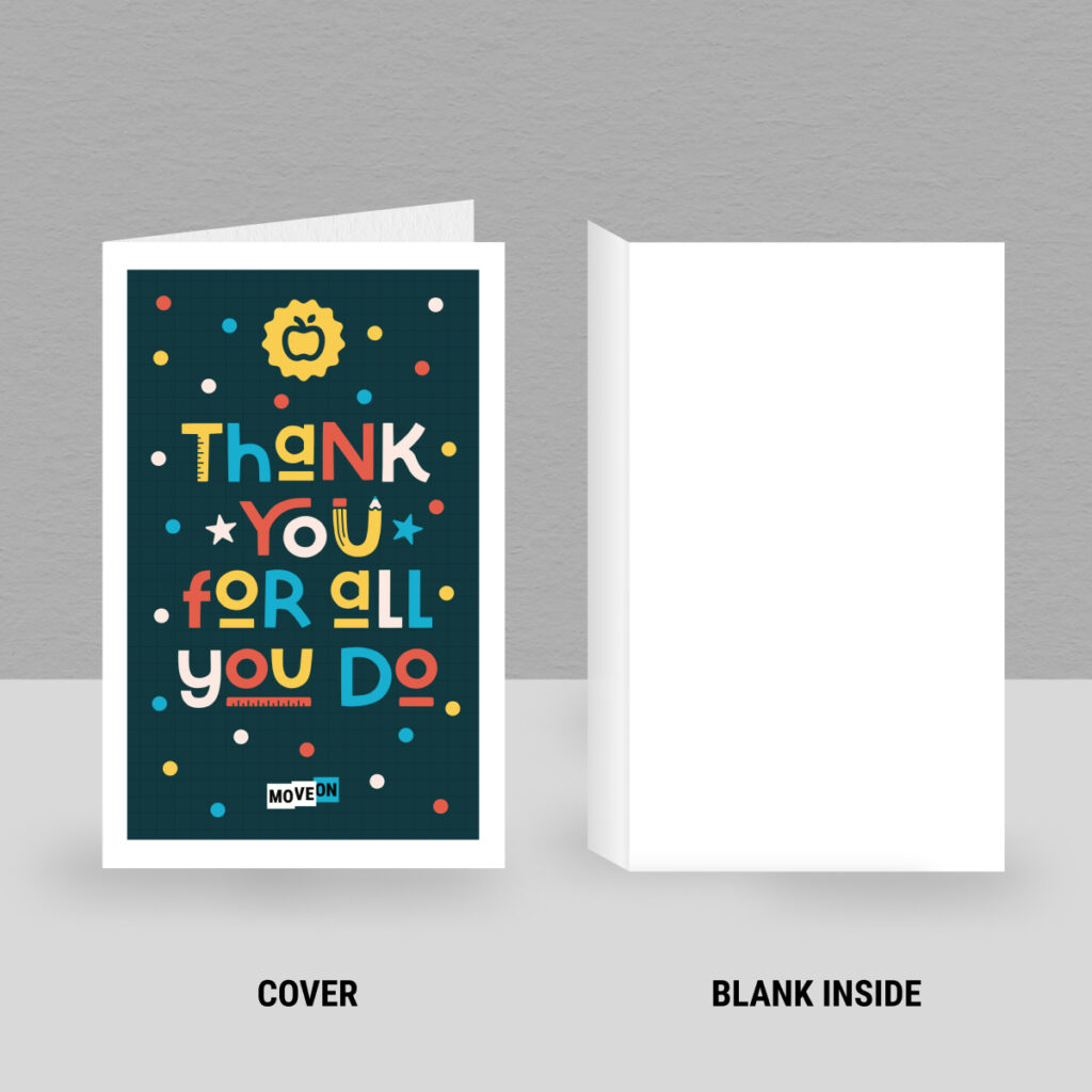 A printable thank you card with a dark background and multi-colored polkadots that reads "Thank You For All You Do" on the front with a blank inside.