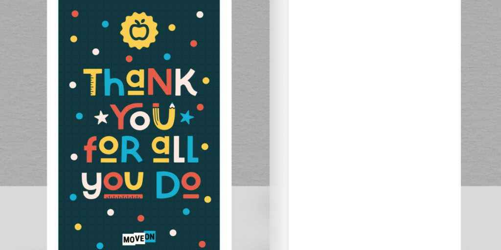 A printable thank you card with a dark background and multi-colored polkadots that reads "Thank You For All You Do" on the front with a blank inside.