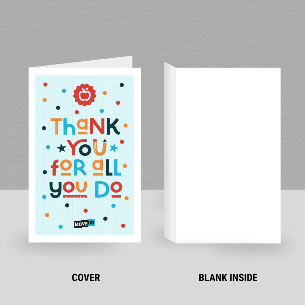 A printable thank you card with a light background and multi-colored polkadots that reads "Thank You For All You Do" on the front with a blank inside.