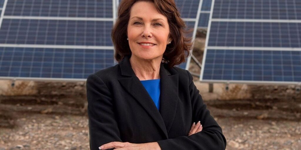 The image shows Jacky Rosen standing confidently with arms crossed in front of a backdrop of solar panels. She is wearing a black blazer over a blue top, and her expression is warm and determined.