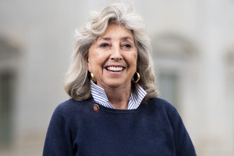 Dina Titus in navy sweater in front of a blurred background.