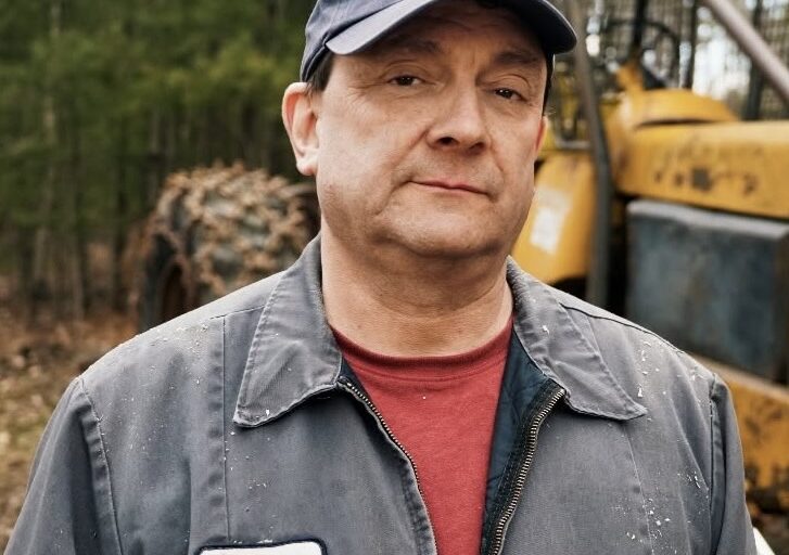 This is an image of Troy Jackson, candidate for Maine Senate. He is pictured in a grey jacket with a red t-shirt standing in front of a tractor in a forest.