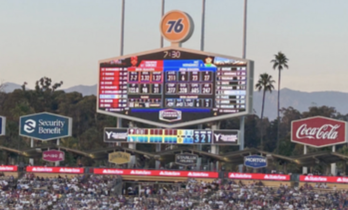A picture of the scoreboard at Dodgers Stadium.